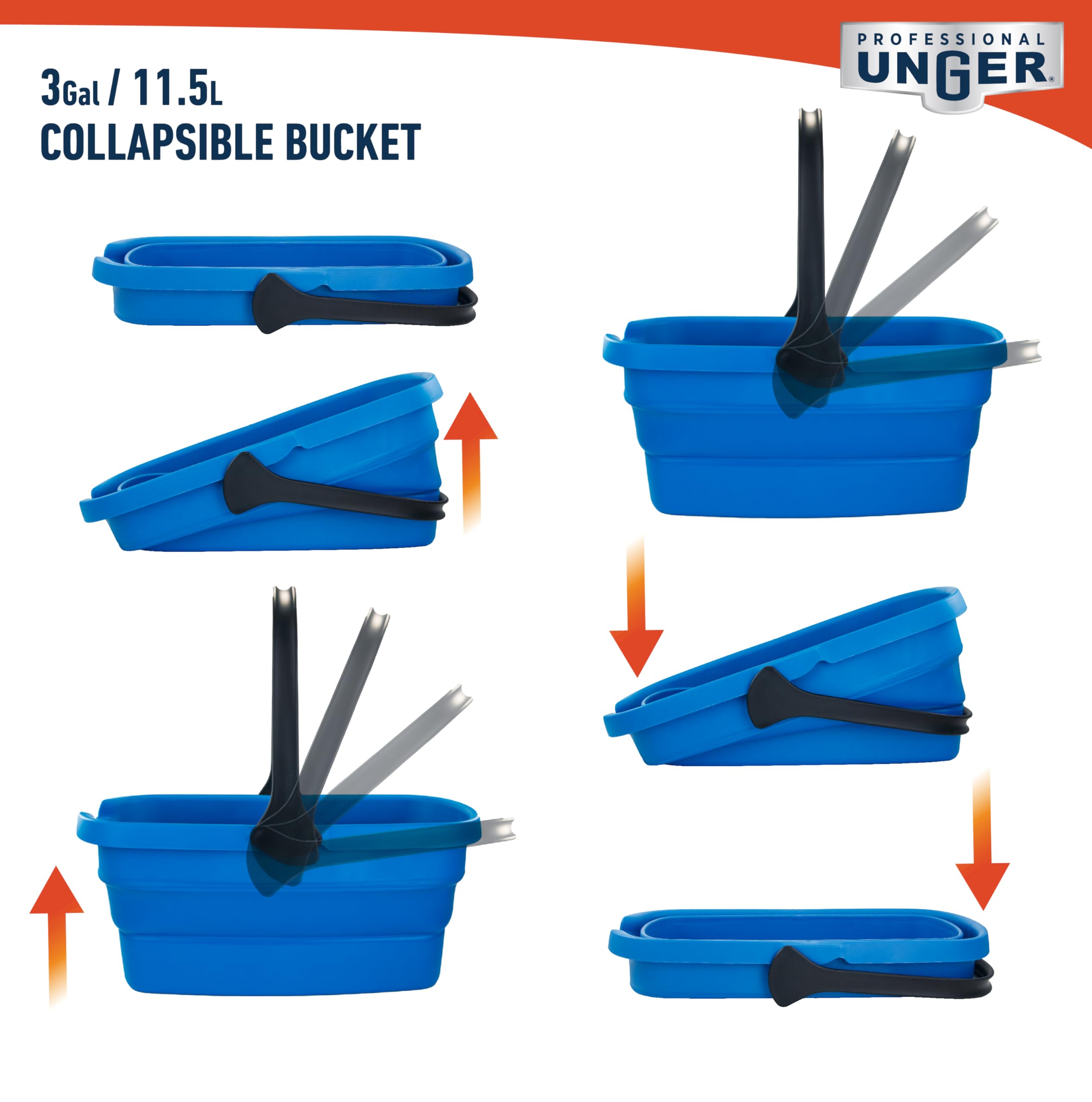 Unger Professional 3-Gallon Collapsible Bucket, Portable Household Cleaning Supplies, Small Washing Buckets with Handles, Essential Water Container and Storage Organizer Tool - Image 4