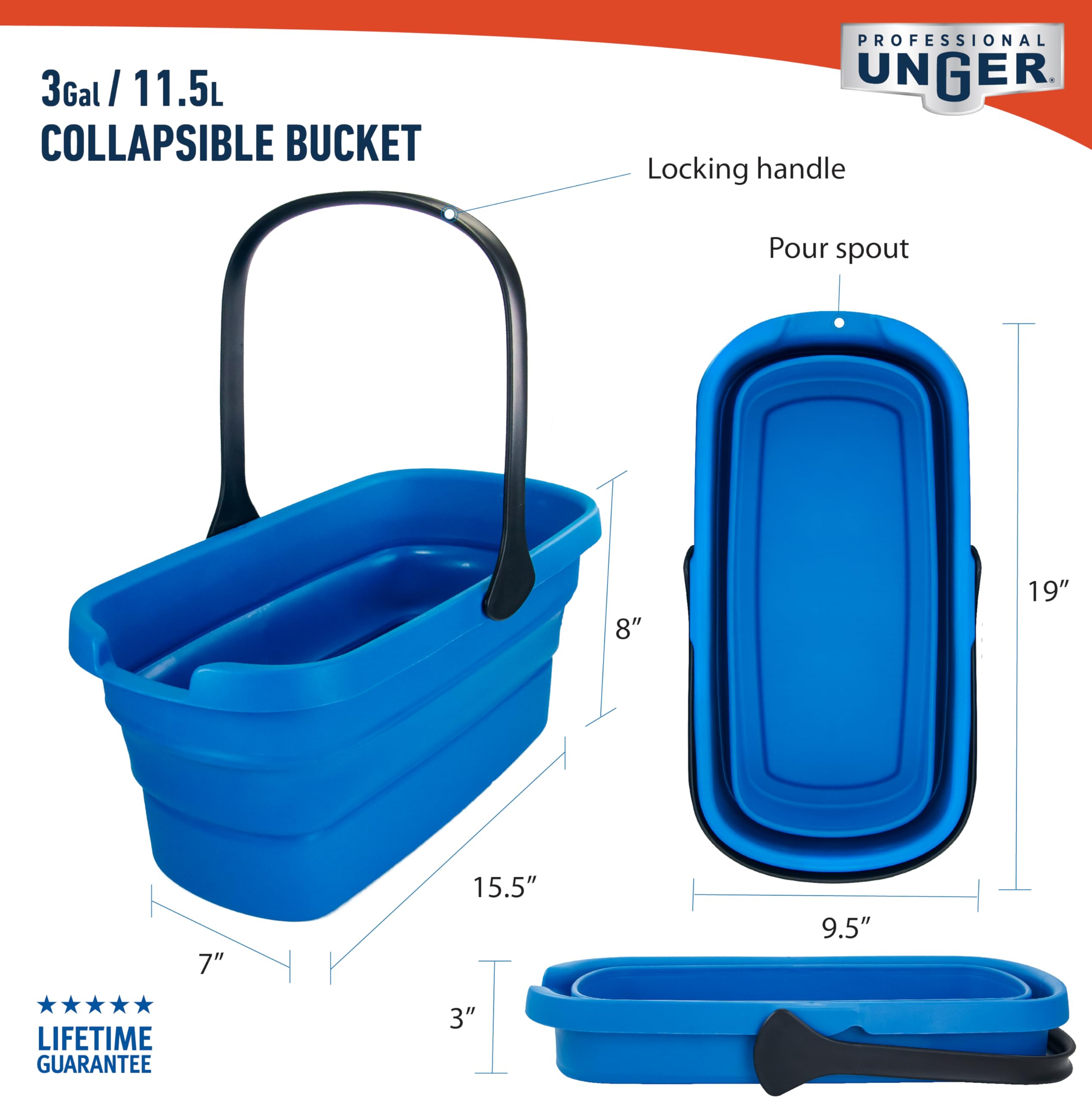 Unger Professional 3-Gallon Collapsible Bucket, Portable Household Cleaning Supplies, Small Washing Buckets with Handles, Essential Water Container and Storage Organizer Tool - Image 6