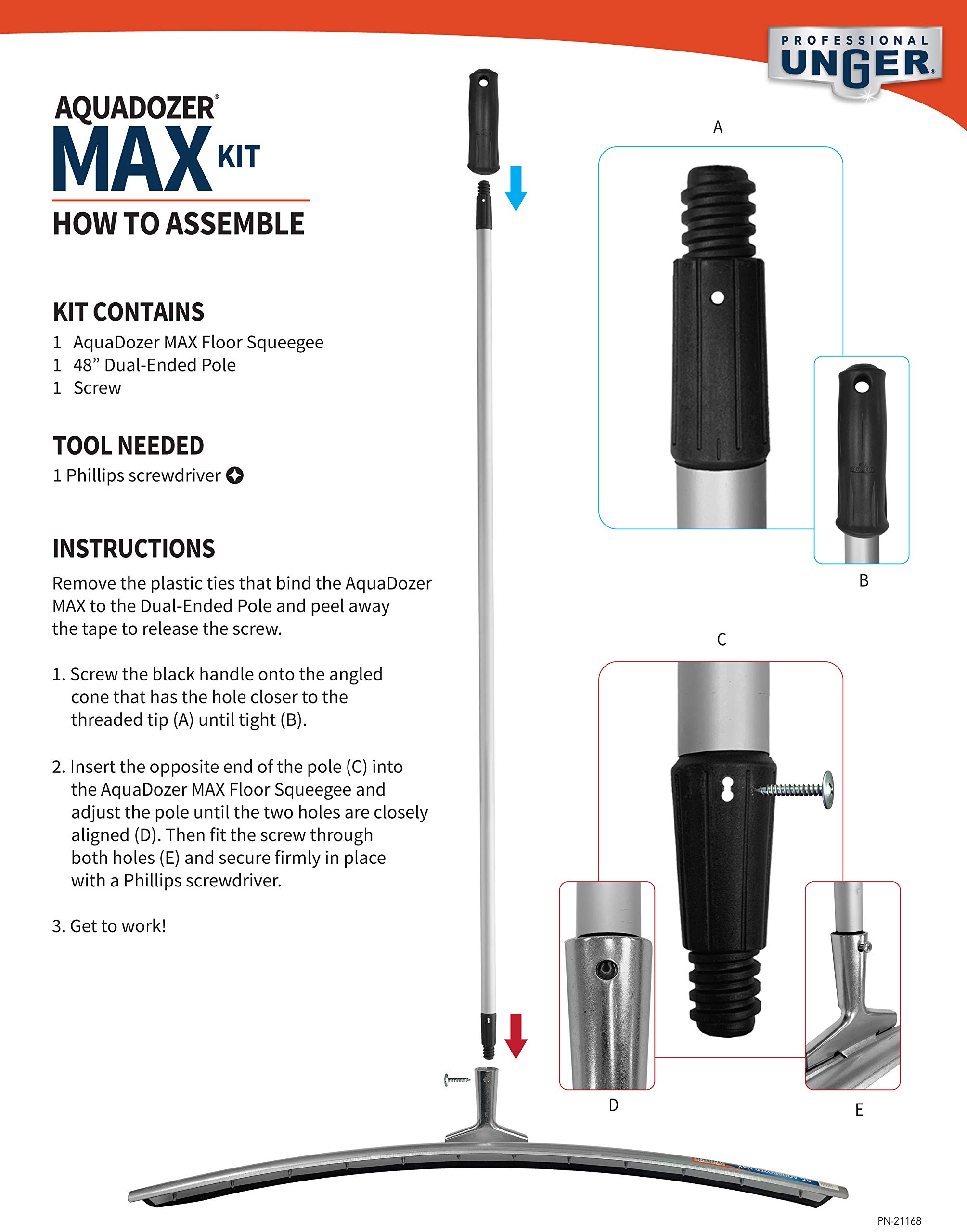 Unger Professional AquaDozer Max Kit, 36” Smooth Surface Curved Floor Squeegee and 48” Dual End Pole, Rubber Blade Scrubber and Broom for Concrete, Asphalt, and Tough Cleaning Jobs - Image 3