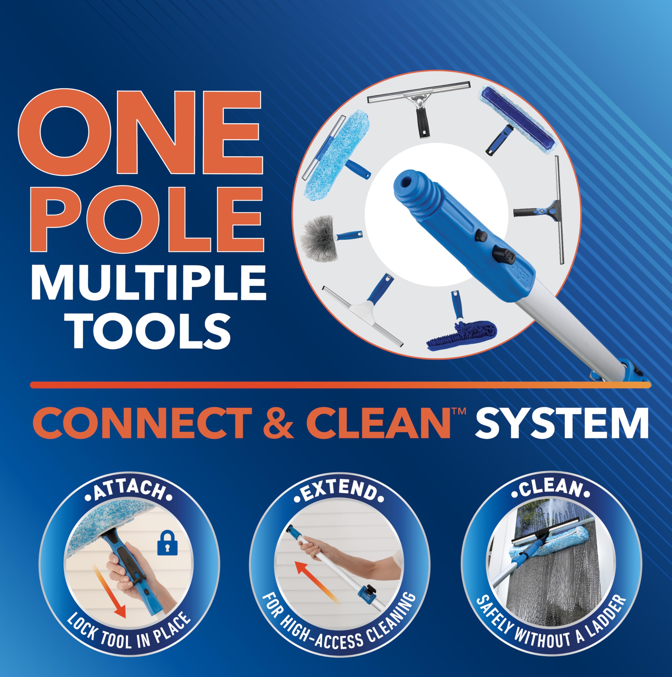 Unger Professional Connect and Clean 18” Grip Swivel Window, Glass Squeegee, and 8’ Pole, 180-Degree Pivoting Handle with Lock, Cleaning Supplies for Streak-Free Results - Image 9