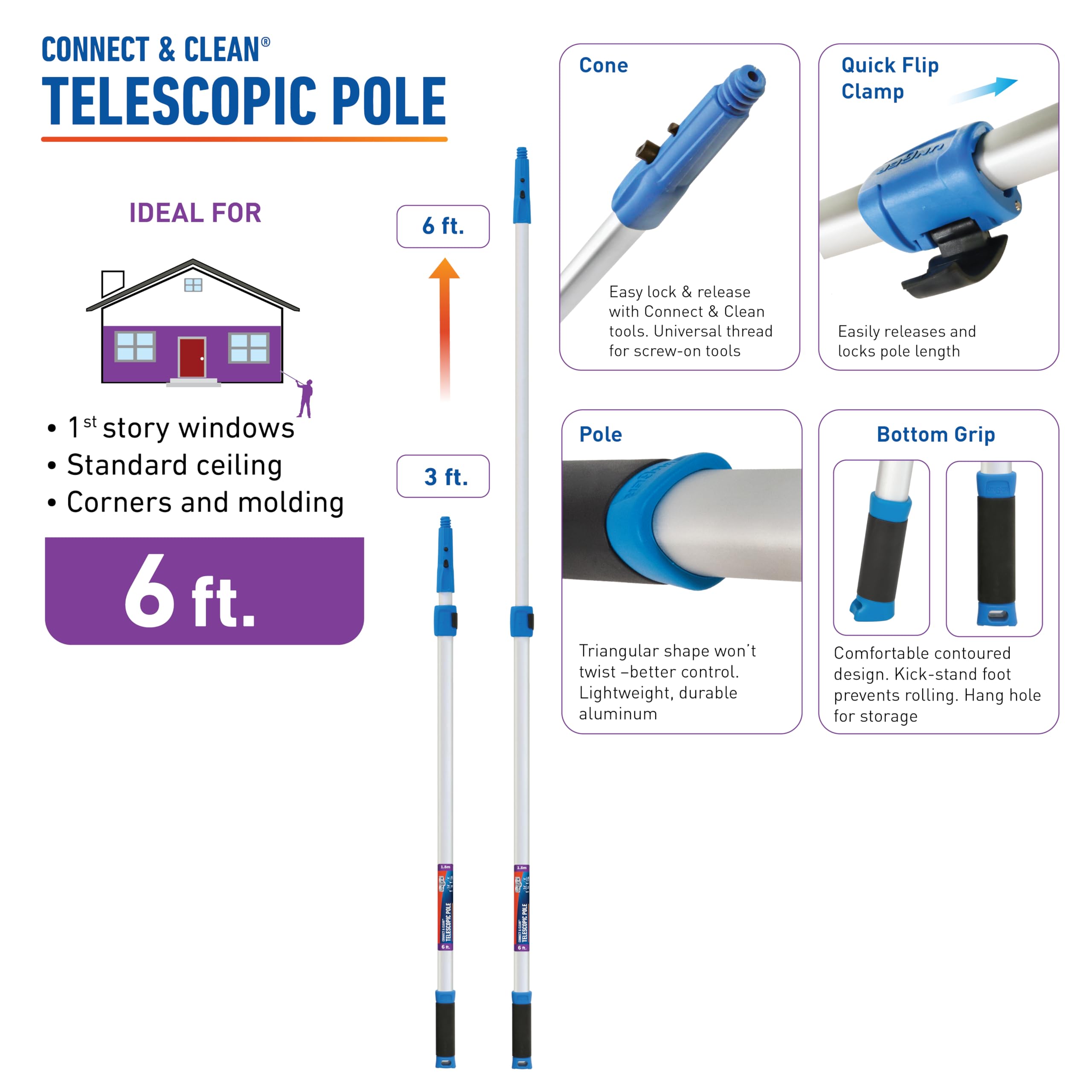 Unger Professional Connect & Clean 3’-6’ Aluminum Telescopic Extension Pole with Locking Cone & Quick-Flip Clamp – Compatible with Cleaning Tool Attachments, Window Cleaning & Dusting Tool - Image 6